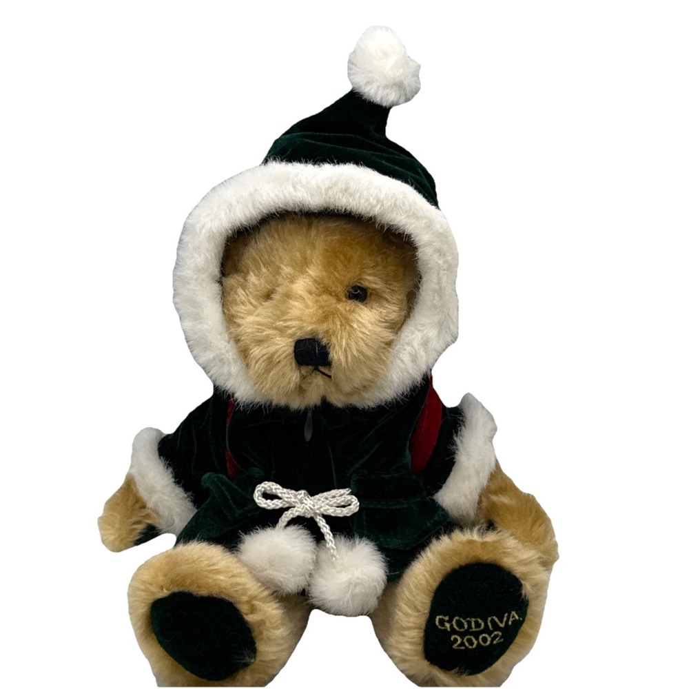 Godiva Chocolate 10" Jointed Christmas Teddy Bear Plush 2002 w/Green Coat